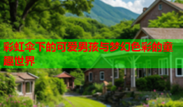 彩虹伞下的可爱男孩与梦幻色彩的童趣世界